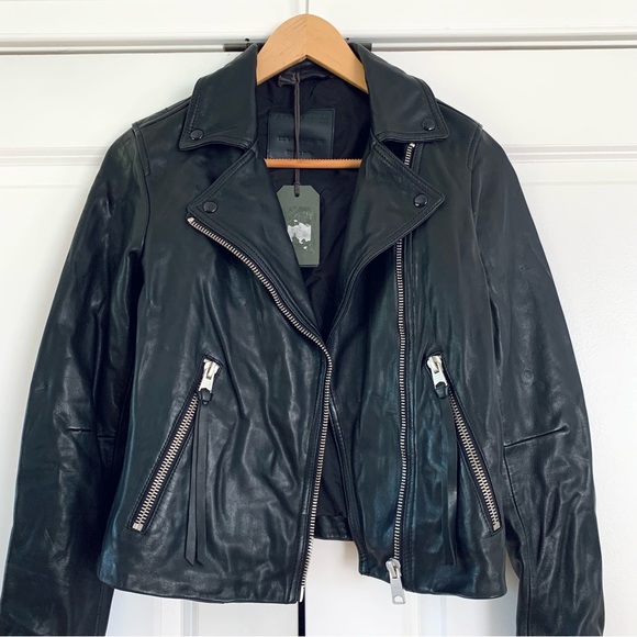 All Saints Dalby Leather Jacket Black Moto Biker Asymmetric Zip Slim Fit Size 4 - Picture 2 of 9